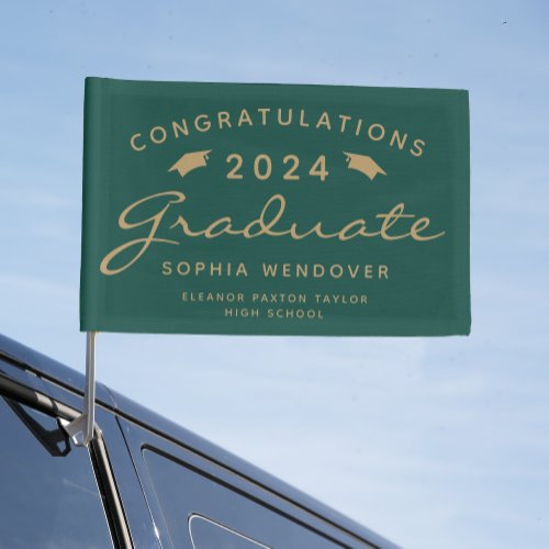 2024 Green Gold Script Caps Graduation Car Flag