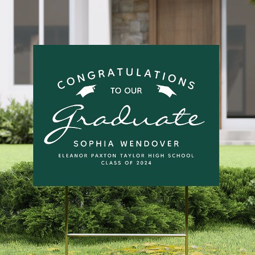 2024 Green White Script Cap Graduation Yard Sign
