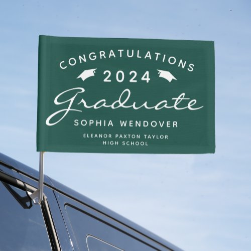 2024 Green White Script Caps Graduation Car Flag