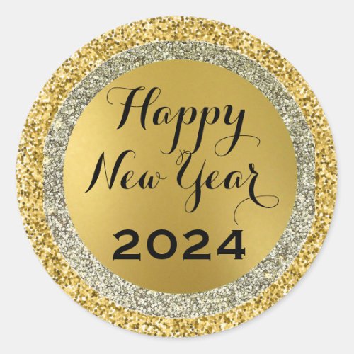 2024 happy new yeargold metallic sparkles classic classic round sticker