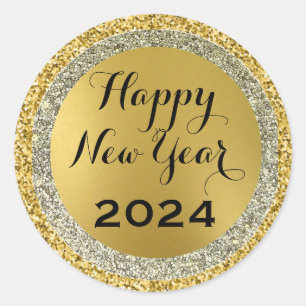 2024 happy new year,gold metallic sparkles classic classic round sticker