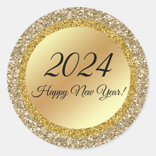 2024 happy new yeargold metallic sparkles   classic round sticker