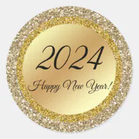 2024 happy new year,gold metallic sparkles classic round sticker