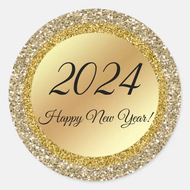 2024 happy new year,gold metallic sparkles classic round sticker Zazzle