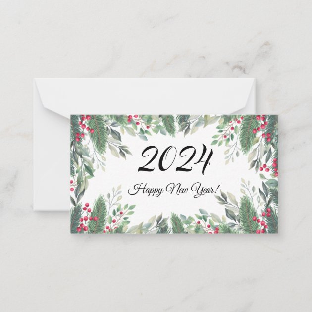 2024,Happy new year!holiday greenery red berries Note Card | Zazzle