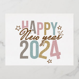 2024 Happy New Year in retro colors Foil Holiday Postcard