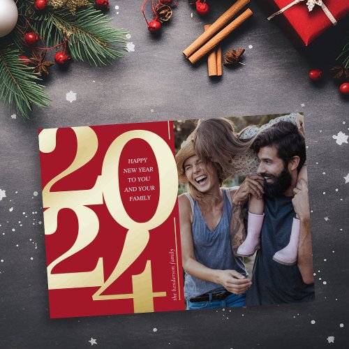 2024 Happy New Year Photo Red Gold Foil Holiday Card