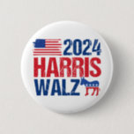 2024 Harris Walz Democrat Donkey American Election Button<br><div class="desc">2024 Harris Walz button with the American flag and democrat donkey in red,  white,  and blue. Vote for Kamala Harris and Tim Walz for president and vice president as the democratic party candidates. Cool,  patriotic design.</div>