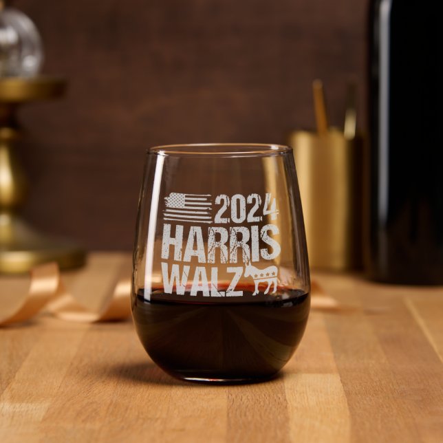 2024 Harris Walz Democrat Donkey American Flag Stemless Wine Glass (Party)