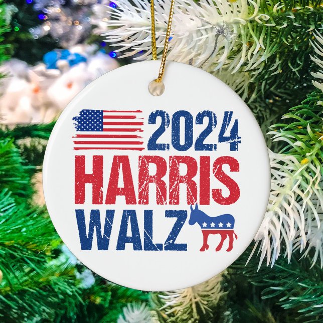 2024 Harris Walz Democrat Donkey Christmas Ceramic Ornament (Creator Uploaded)