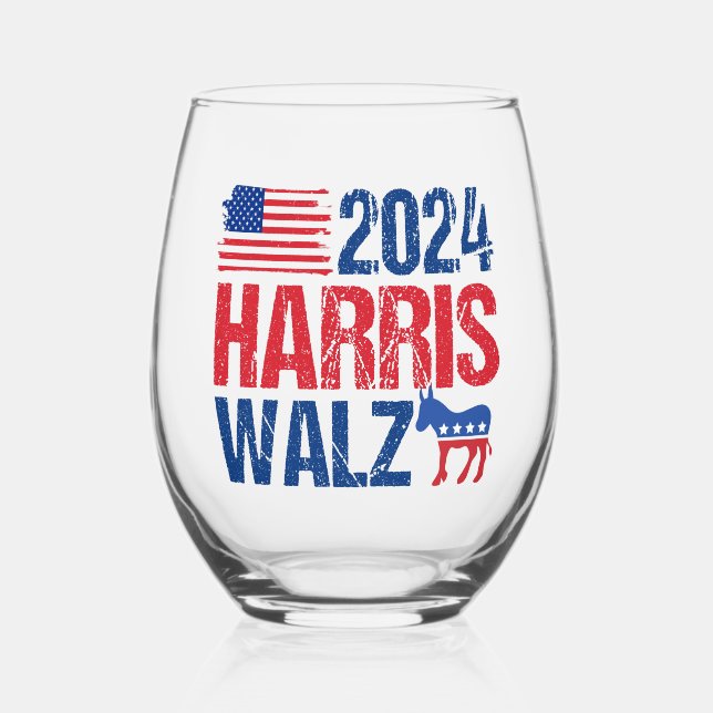 2024 Harris Walz Democrat Donkey Election Stemless Wine Glass (Front)