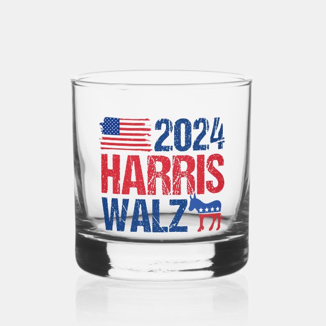 2024 Harris Walz Democrat Donkey Election Whiskey Glass (Front)