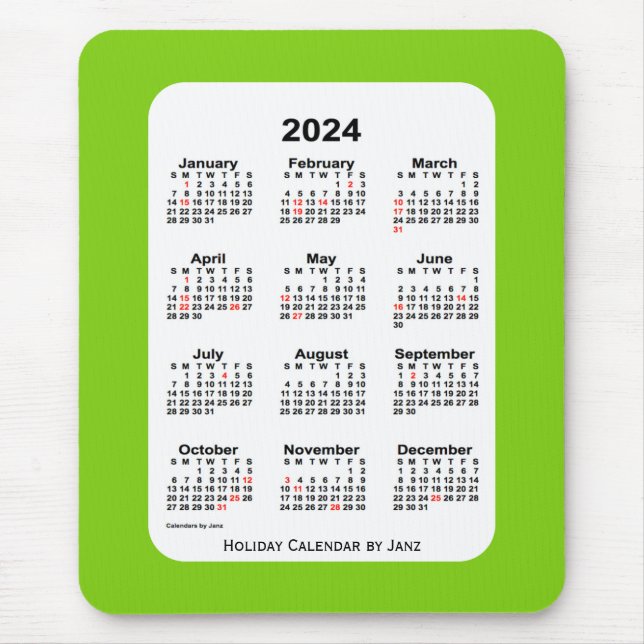 2024 Holiday Yellow Green Calendar by Janz Mouse Pad (Front)