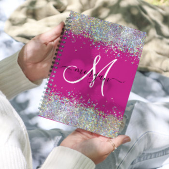 2024 Hot Pink Iridescent Glitter Monogram Planner by freshpaperie at Zazzle