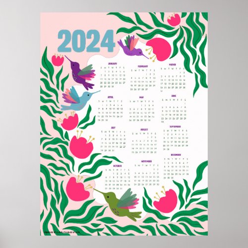 2024 Hummingbird Floral Calendar Poster