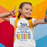 2024 Kindergarten Graduate Cute Crayon Custom Kids T-Shirt<br><div class="desc">This cute customizable 2024 kindergarten graduate t-shirt features a cool grad cap above colorful writing and a row of crayons in rainbow. A great kindergartner graduate keepsake tee in fun colors for the last day of elementary school with your kid's name personalized in blue. Congratulations to our kinder graduates!</div>