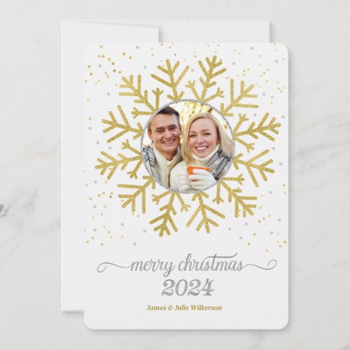 2024 Merry Christmas Golden Snowflake Photo Holiday Card