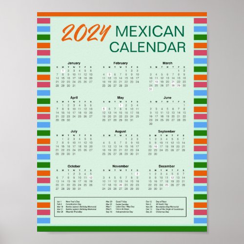 2024 Mexican Calendar with Holidays  Download Pdf Poster