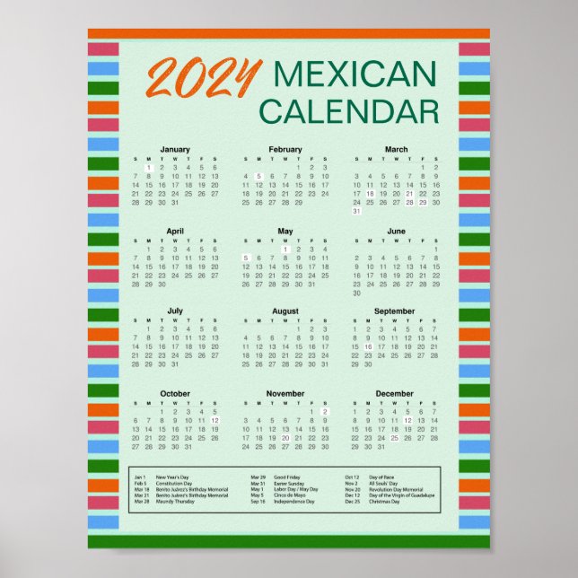 2024 Mexican Calendar with Holidays | Download Pdf Poster (Front)