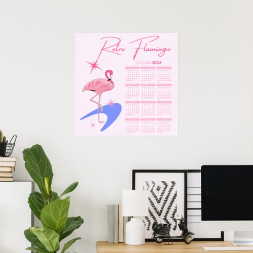 2024 Midcentury Modern Retro Flamingo Calendar Poster