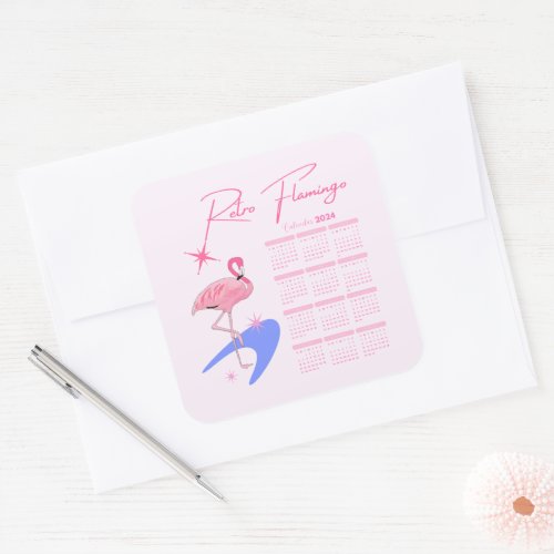 2024 Midcentury Modern Retro Flamingo Calendar Square Sticker