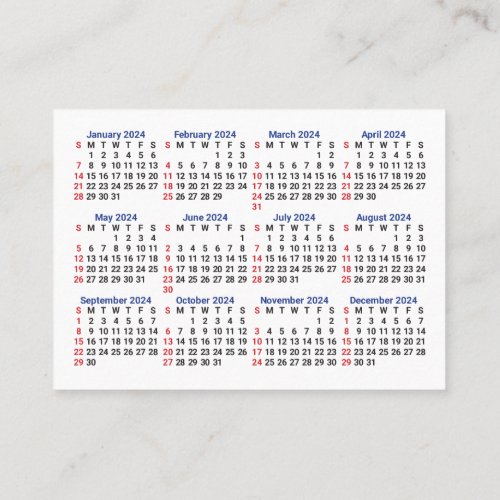2024 Mini Calendar SUNDAY Start San Serif Font Business Card