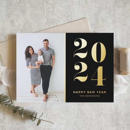 2024 Modern Bold Typography Black New Year Photo Foil Holiday Card