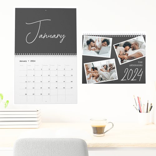 2024 Modern Minimalist Boho Black Photo Collage  Calendar