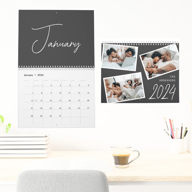 2024 Modern Minimalist Boho Black Photo Collage  Calendar (Creator Uploaded)