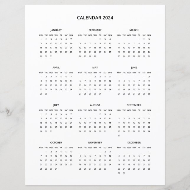 2024 Modern Minimalist Printable Calendar in Black (Front)