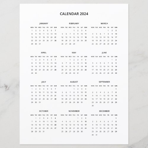 2024 Modern Minimalist Printable Calendar in Black