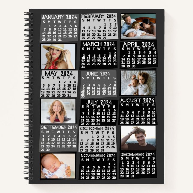2024 Monthly Calendar Black Mod 12 Photo Collage Notebook (Front)
