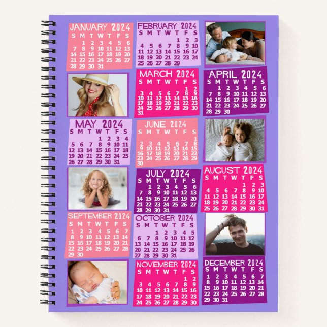 2024 Monthly Calendar Cute Mod 12 Photo Collage Notebook (Front)