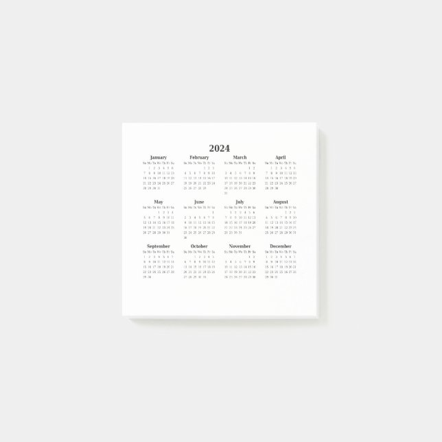 2024 Monthly Calendar on White Post-it Notes (Front)