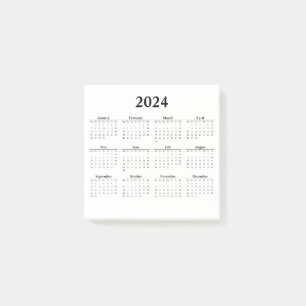 2024 Monthly Calendar on White Post-it Notes