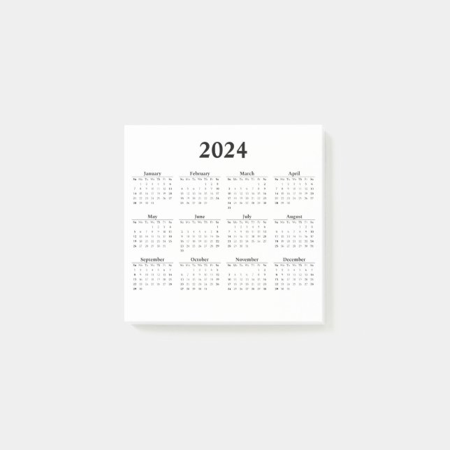 2024 Monthly Calendar on White Post-it Notes (Front)