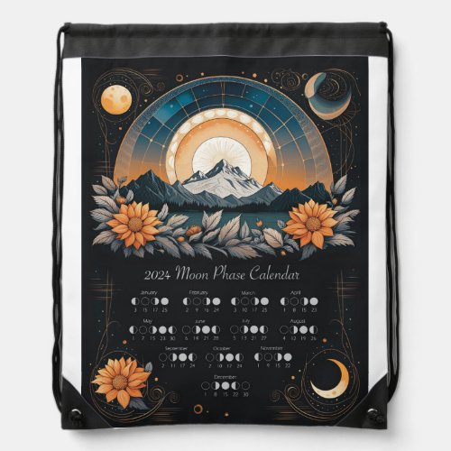 2024 Moon Phase Calendar Sunflower Mountain Drawstring Bag