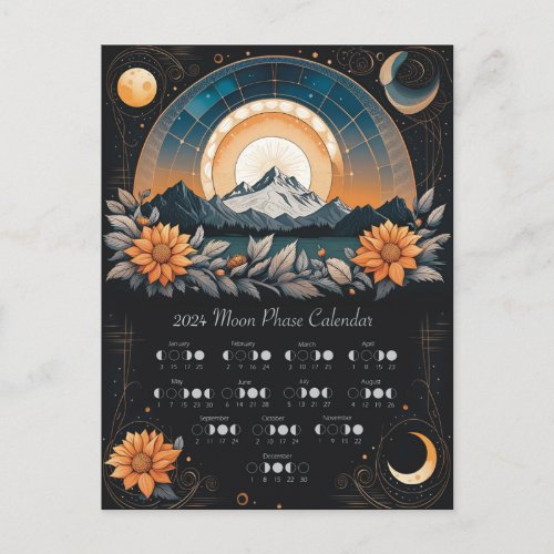 2024 Moon Phase Wall Art Sunflower Mountains Postcard