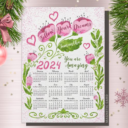 2024 Motivational Calendar Magnet Pink Flowers