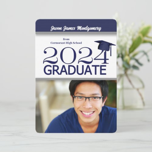 2024 Navy Blue and White Photo Graduation Invitation