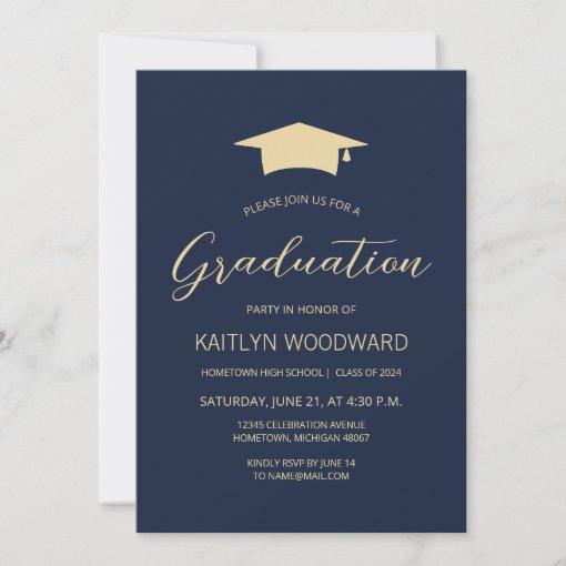 2024 Navy Blue Gold Cap Modern Graduation Party Invitation | Zazzle