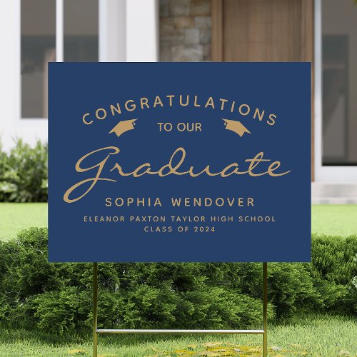 2024 Navy Blue Gold Script Cap Graduation Yard Sign