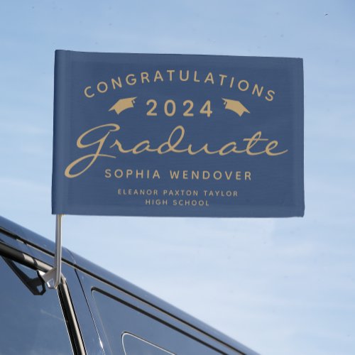 2024 Navy Blue Gold Script Caps Graduation Car Flag