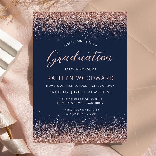 2024 Navy Blue Rose Gold Glitter Graduation Party Invitation