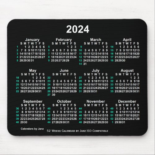 2024 Neon White 52 Weeks ISO Calendar by Janz Mouse Pad