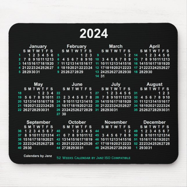 2024 Neon White 52 Weeks ISO Calendar by Janz Mouse Pad (Front)