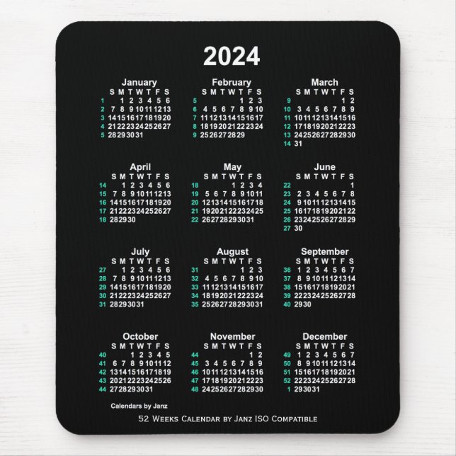 2024 Neon White 52 Weeks ISO Calendar by Janz Mouse Pad (Front)