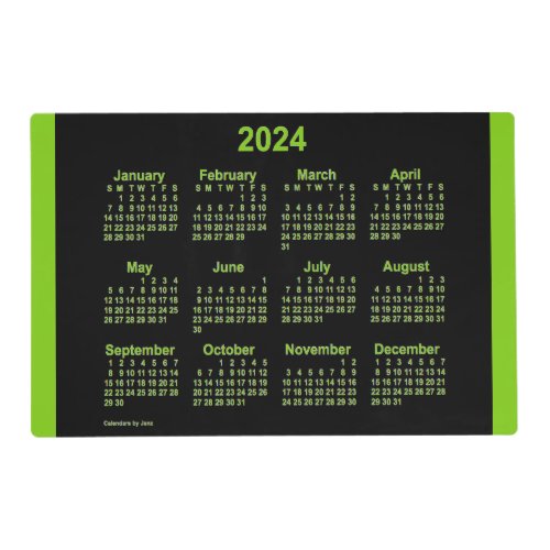 2024 Neon Yellow Green Laminated Calendar by Janz Placemat