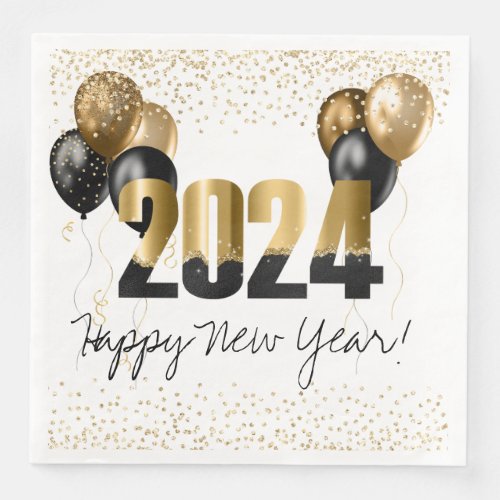 2024 New Year Black and Gold Balloons on White Paper Dinner Napkins