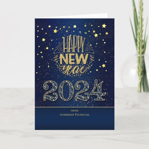 2024 New Year Blue and Gold with Name Holiday Card